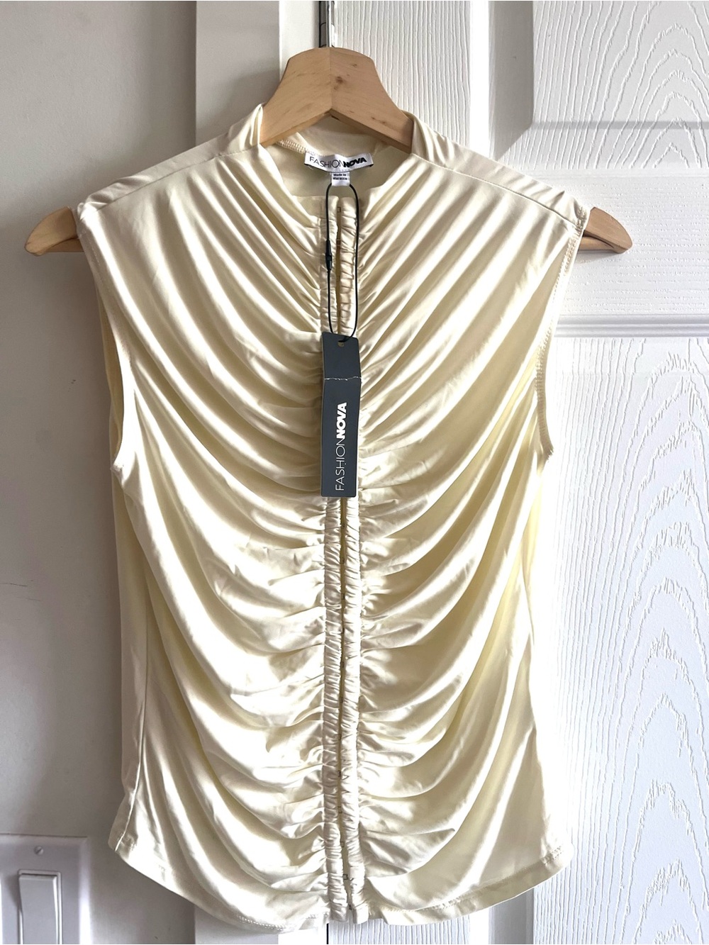 Fashion Nova Sleeveless Ruched Front Mock Neck Top in Cream